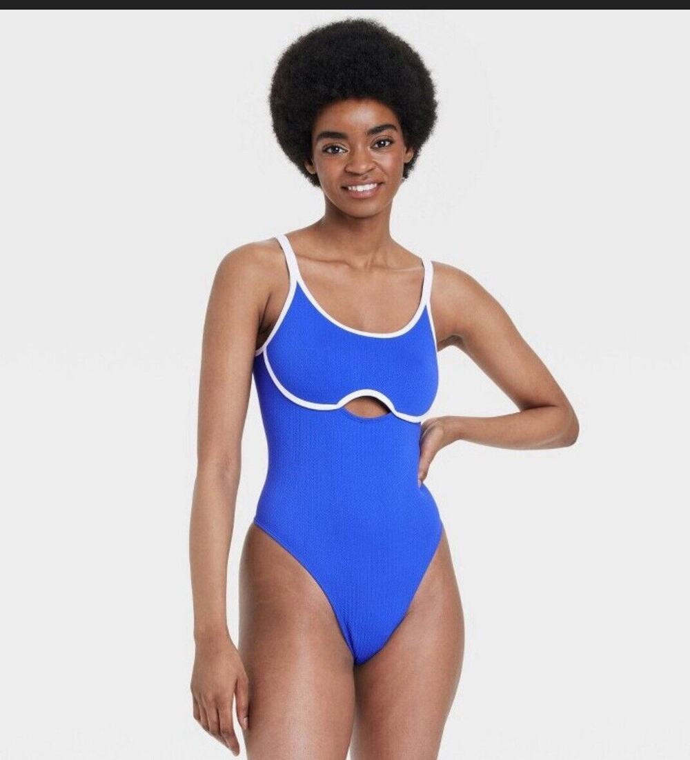 Colsie Women's Contrast Trim Keyhole Thong Bodysuit Stunning Blue S NWT